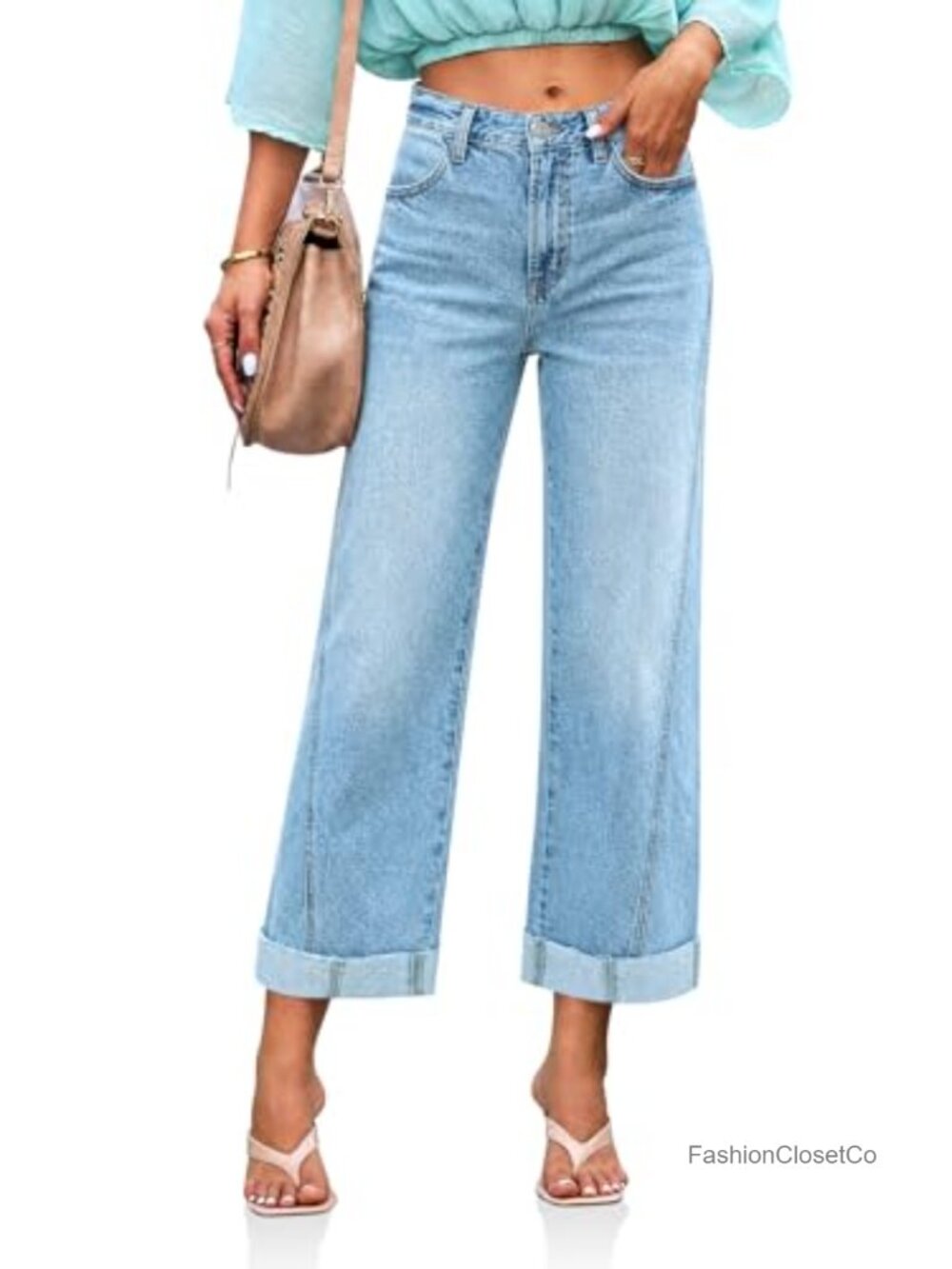 Cuffed Barrel Wide Leg Jeans High Rise Stretch Denim